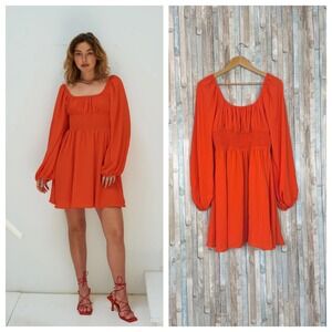 Wray XL Sarah Dress Smocked Balloon Sleeve Mini Babydoll Square Neck Sunset